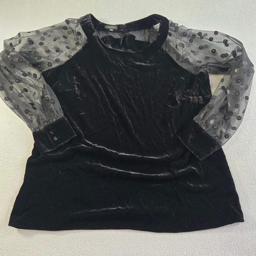Talbots Velvet Blouse Womens M Black Sheer Mesh Polka Dot Sleeve Raglan Top